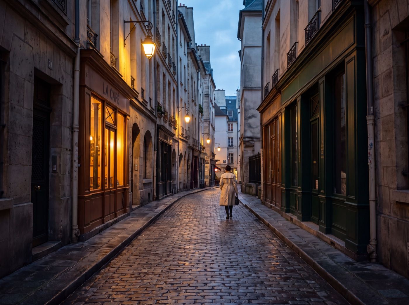 A sample photo of a quiet street at blue hour with warm windows